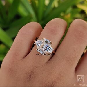 3.7 Ct Emerald Cut Three Stone Moissanite Engagement Ring